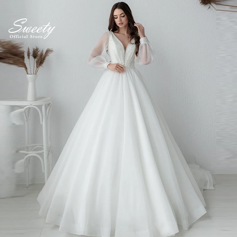 

Elegant Wedding Dress Organza With Embroidery Beading A-Line Ball Gown O-Neck Puff Sleeves Bridal Dress Zipper Vestido De Novia