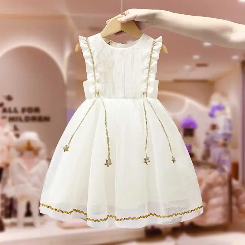 

Girls' Summer Dress New Children's White Gauze Dress Stylish Fashionable Vest Princess Dress