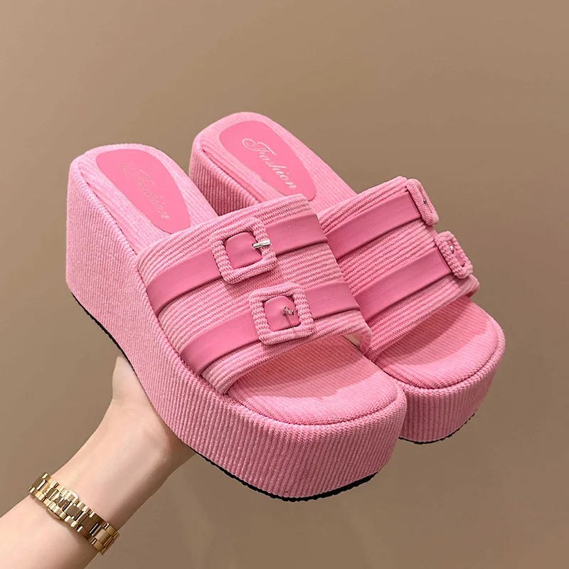 Small Fragrant Style Fashionable Slop Heel Beach Slippers Fashionable Small Buckle Roman Slippers