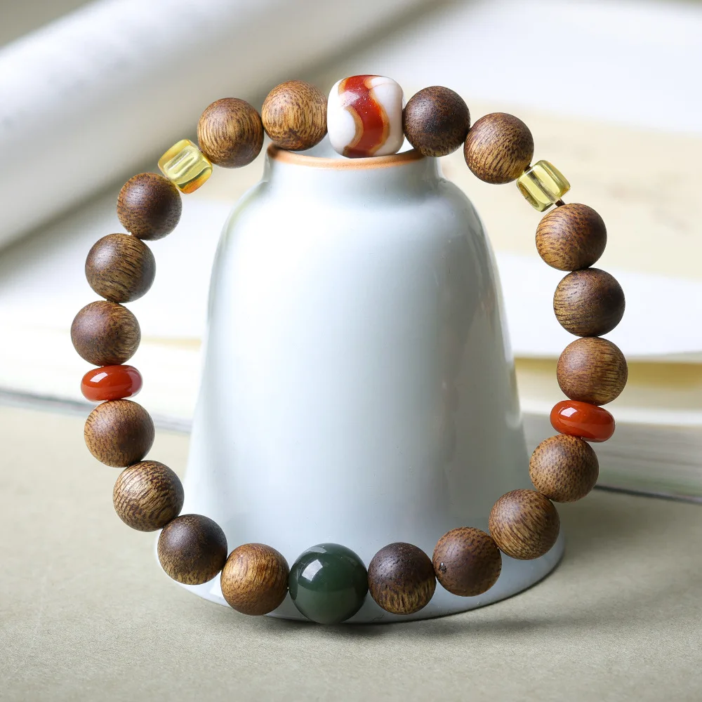 Original Design Green Chinaberry Incense Wood Single Ring Bracelet Cultivation Red Flesh Tiger Tooth New Chinese Style Strings