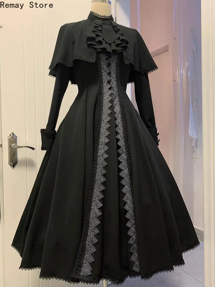 Japanese Gothic Vintage Dark Dress Women Chic Lace Design Irregular Lolita Dress Harajuku Kawaii Casual Black Slim Fit Y2k Dress