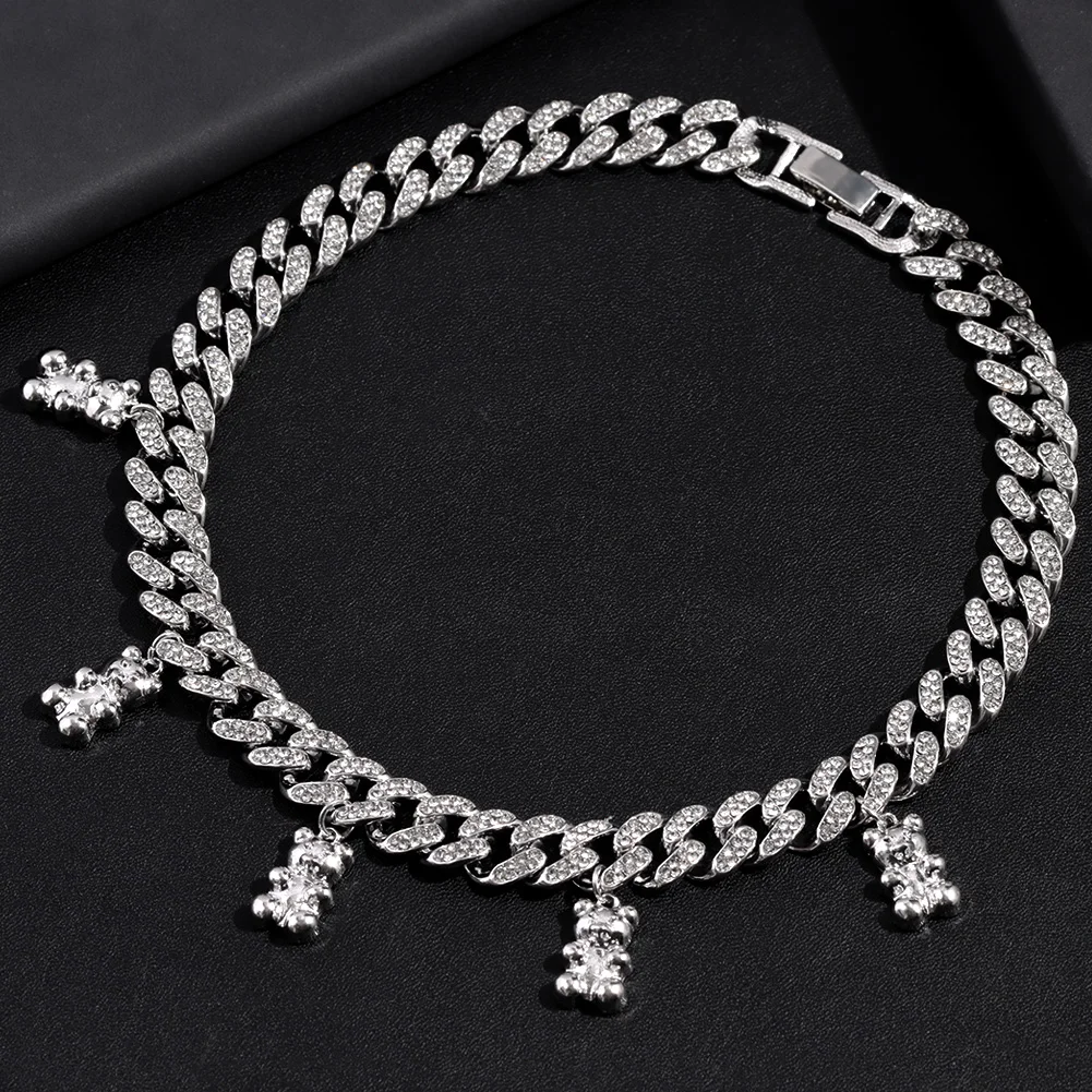 Ins Fashion Cute Colorful Crystal Acrylic Bear Pendant Cuban Necklace for Women Iced Out Cuban Link Chain Necklace Girl Jewelry