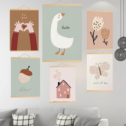 Kawaii Goose Leopard Bear Cherry Butterfly Wall Art Wood Hanging Scroll Painting Poster Prints Wall Pictures Baby Kids Room Deco