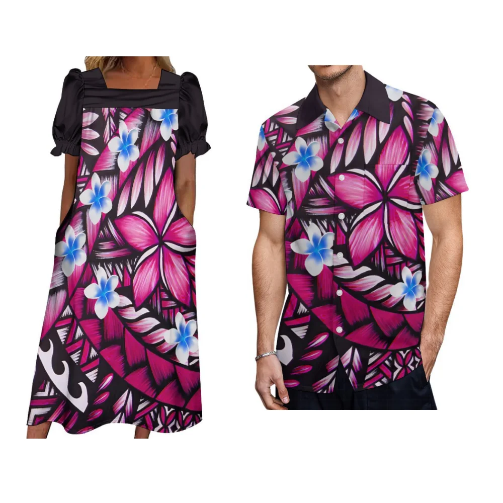 

Polynesian Vintage Floral Print Custom Couple Set Mumu Dress For Women Men's Casual Shirt Microsian Ethnic Style Dress