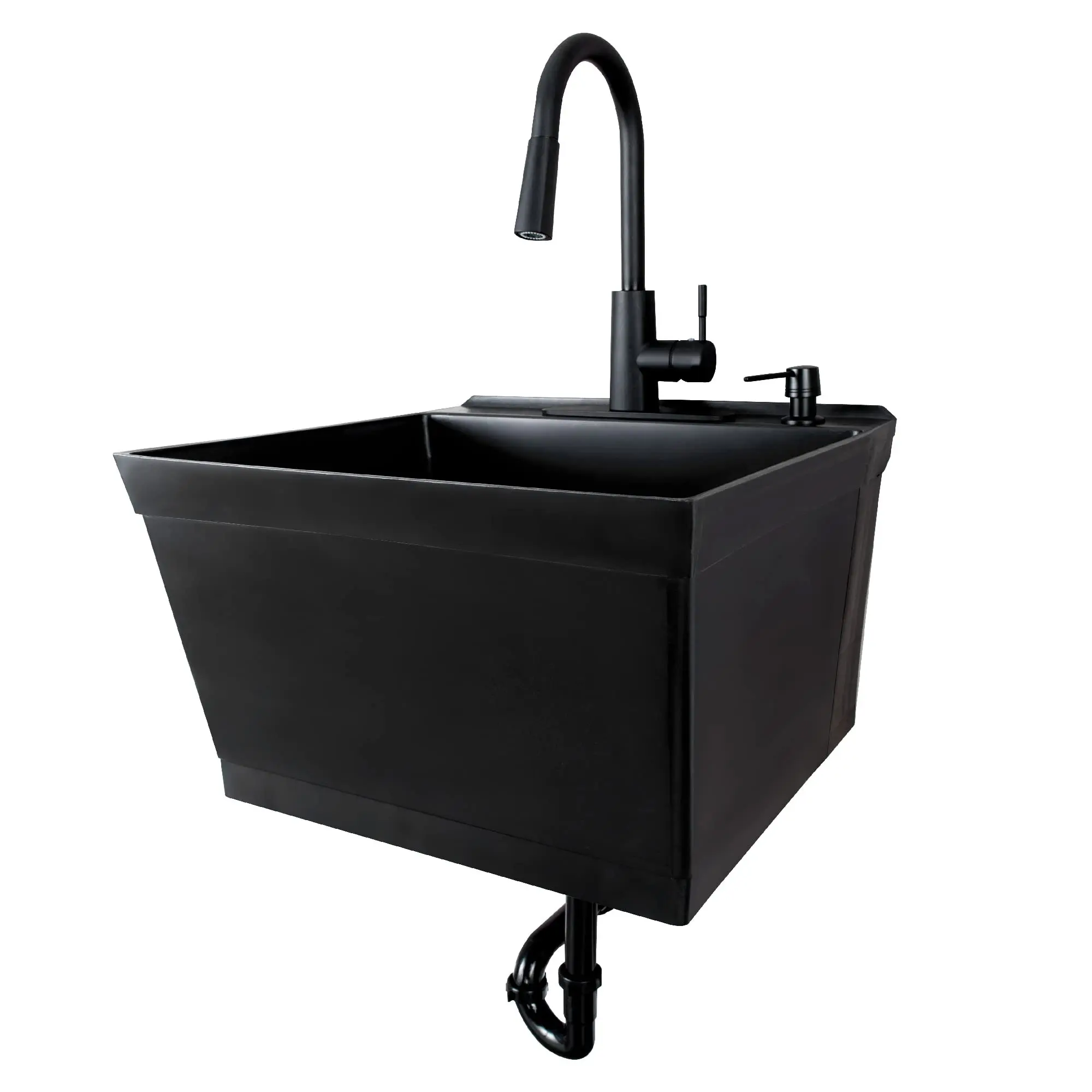 Tehila Black Wall-Mounted Utility Sink Tub Kit with Black Pull-Down Faucet, Wall-Mounted Utility Tub with Wall Bracket