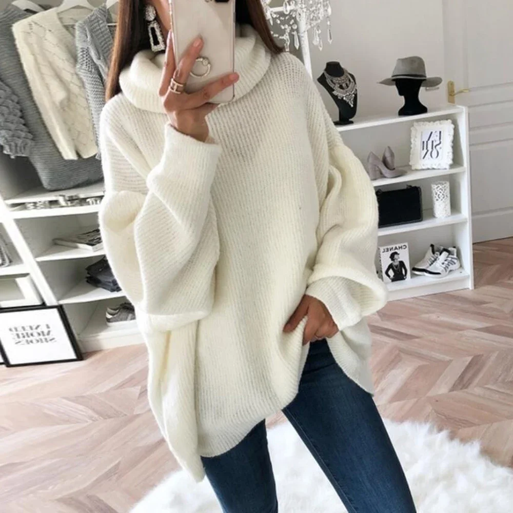 

Knitted Sweater 2023 Women Oversize Basic Female Solid Loose Turtleneck Collar Pullovers Warm Autumn Winter Sweaters White Pink