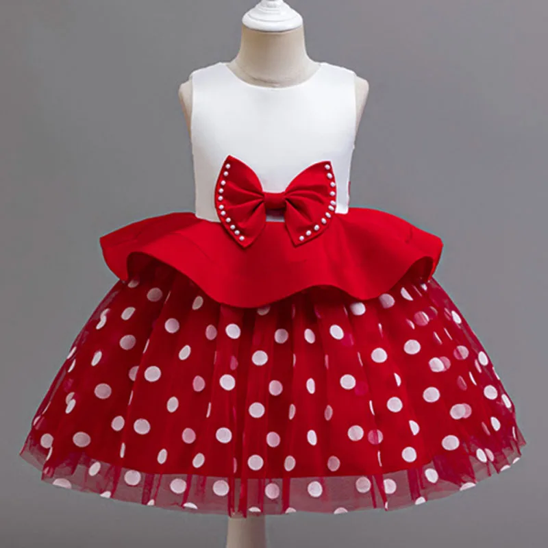 Girls Christmas Polka Dot Dress Children Elegant Sleeveless Gown Princess Clothes Kids Piano Performance Party Vestidos 2-10Y