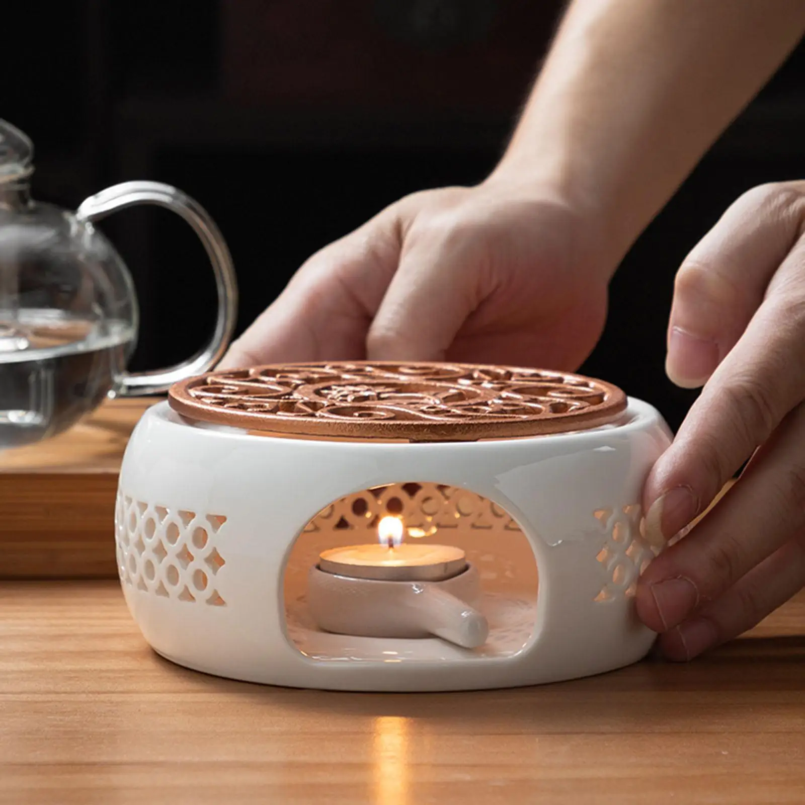 Ceramic Teapot Warmer Coffee Warmer Base with Tealight Tray Tea Heater Warming Holder for Glass/Porcelain/Metal Teapot