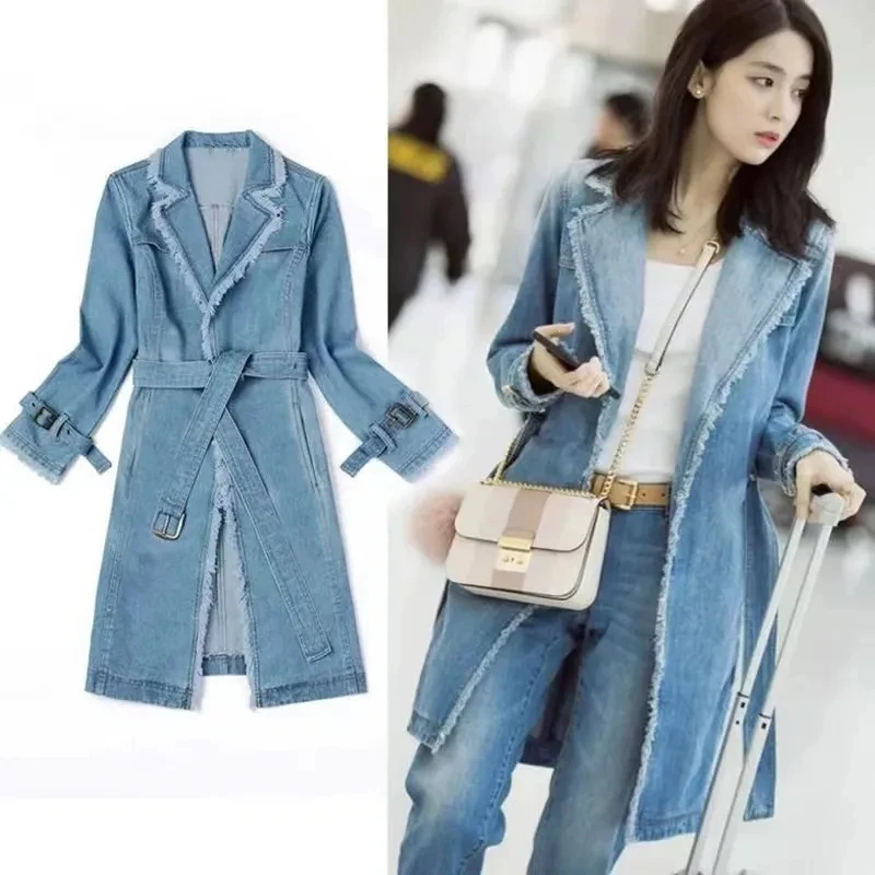 

New Loose Denim Trench Coat Womens 2024 Spring Autumn Korean Versatile Casual Denim jacket Female Long Tassel Cardigan Jacket