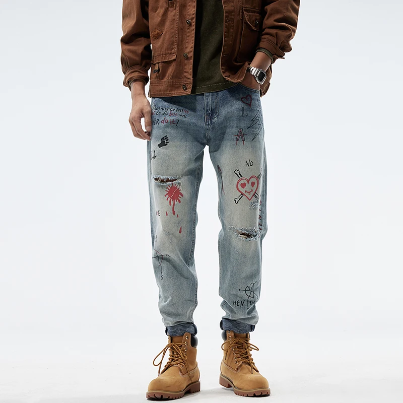 Vintage Men's Jeans Washed High-end personality print loose fashion Y2k casual pants denim straight high street hip hop pants