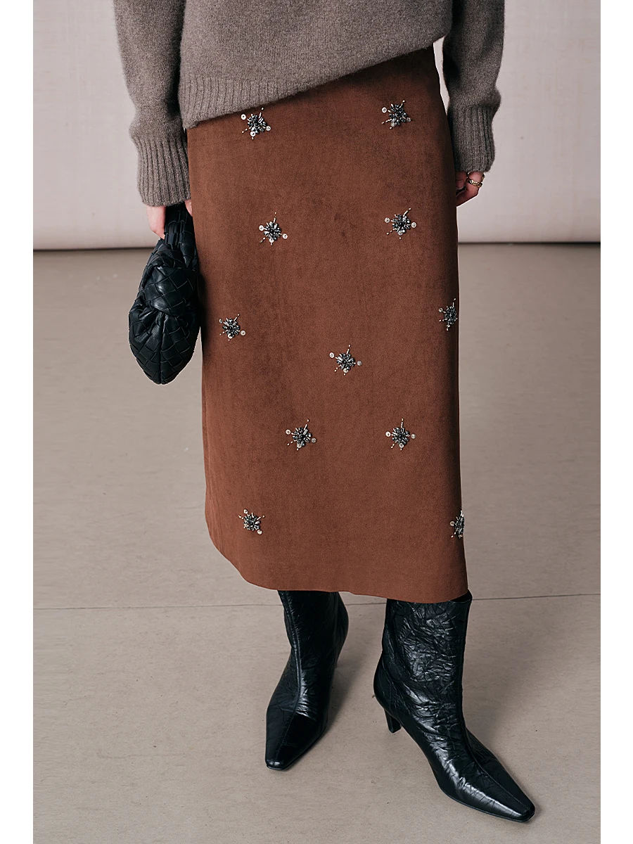

Heavy Embellied Brown Suede Midi Skirt Women's Faionable Retro Wrap around Skirt Ci Commute High Waist Slim Fit H pe
