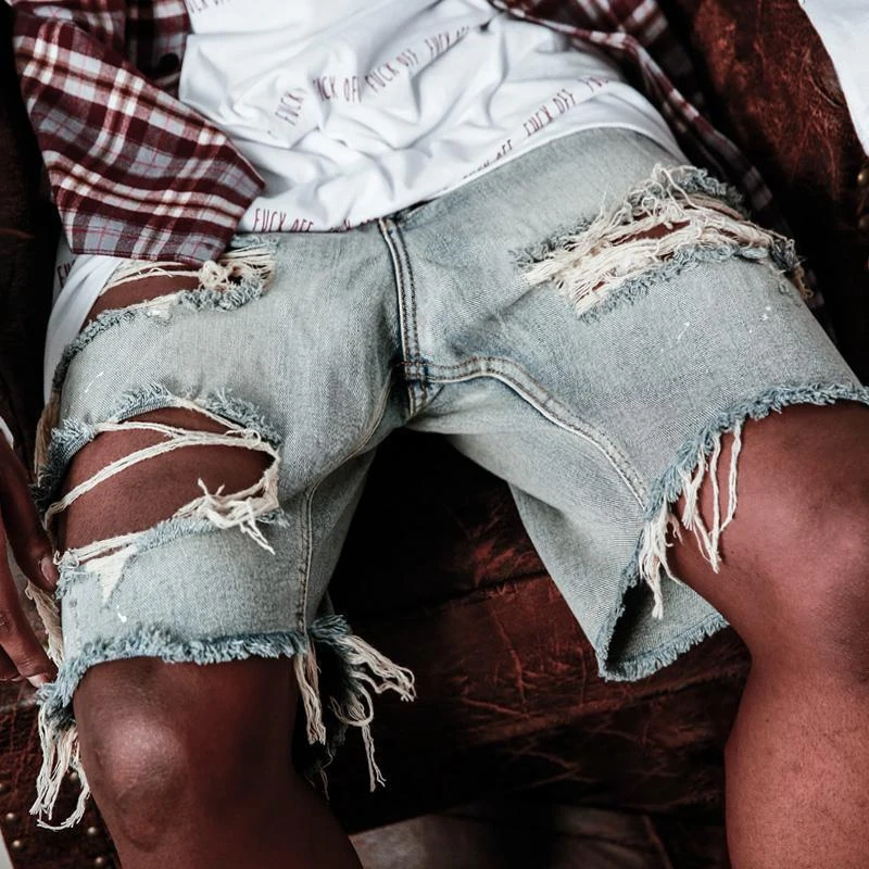 2023 Spring Summer Fashion Denim Shorts Men Vintage Hollow Out Ripped Design Straight Jean Short Pant for Men Streetwear Trend