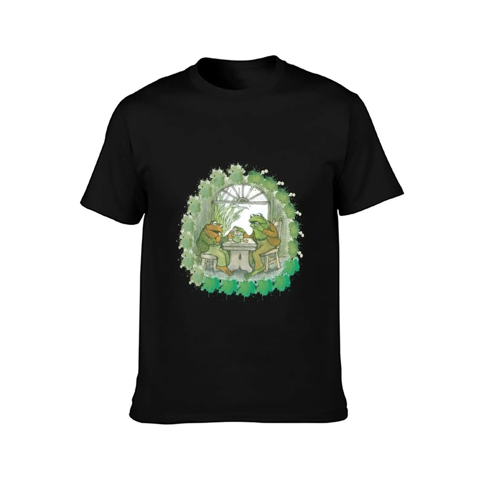 Frog and toad on table T-Shirt, Summer Casual Cotton Tee, Oversized Streetwear Tops, Vintage Graphic Print, Unisex Men Women