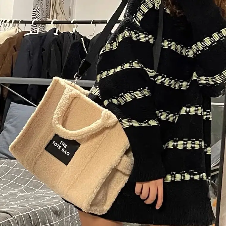 fashion Lambswool large tote bag designer letters women handbags luxury faux fur shoulder crossbody bag plush big  winter purse