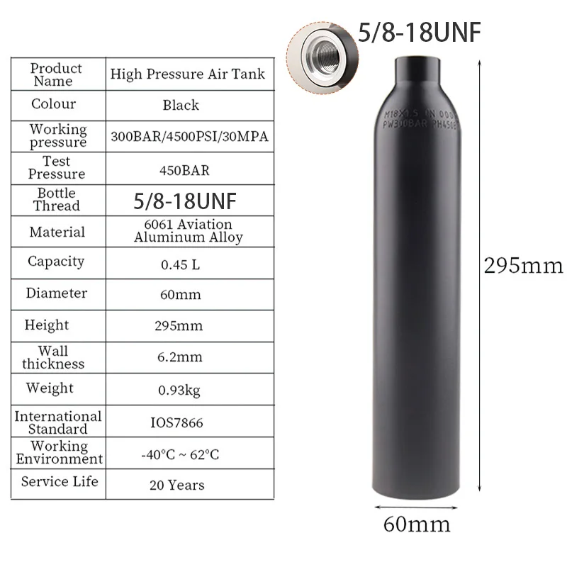 Soda Water Gas Cylinder 450CC 0.45L 5/8-18UNF Compressed Air Tank 300BAR 4500PSI 30MPA For Station Diving Aquarium Fittings