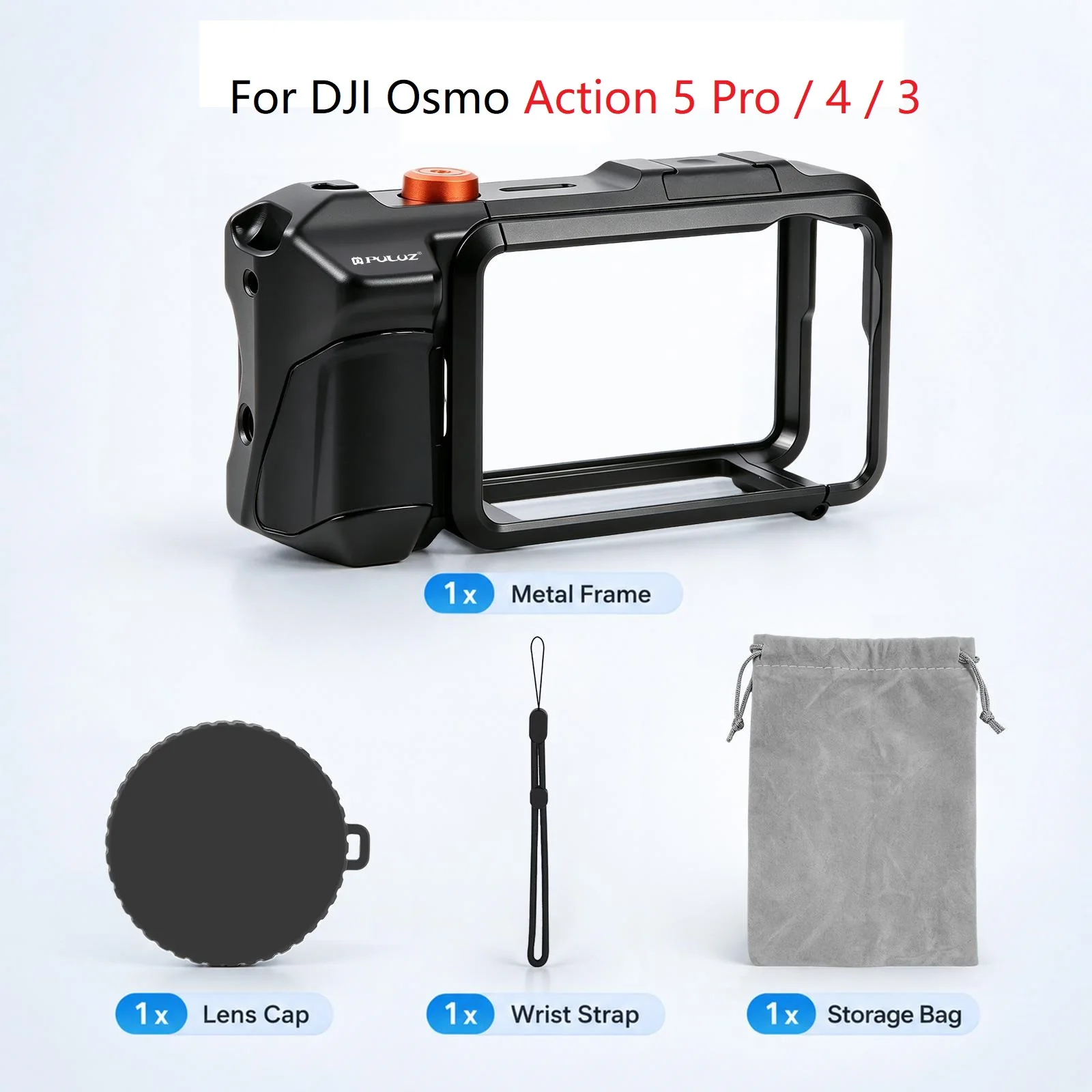 PULUZ beschermhoes voor DJI Osmo Action 6 / Action 5 Pro / 4 / 3, metalen camerabeschermer met uitbreidingsadapter en handgreep.