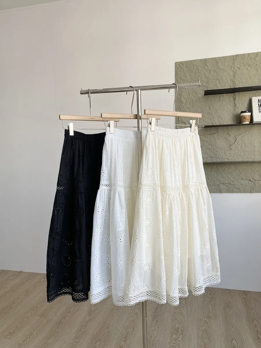 

Women New Embroidered Lace Paneled Crochet Cutout A-line Skirt Fall French Elastic High-waist Midi Skirt Preppy Versatile Skirt