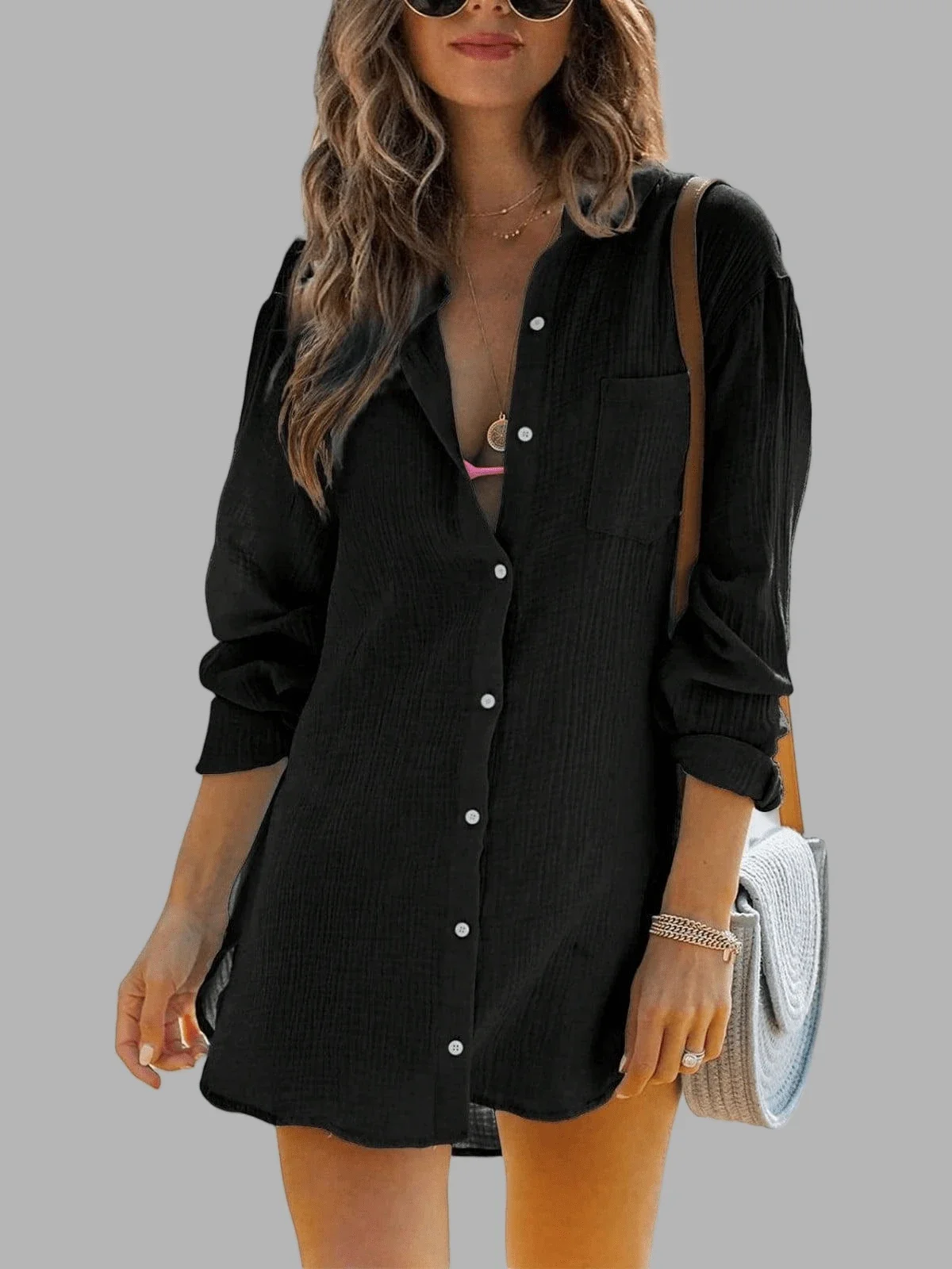 

Женская черная хлопковая марлевая рубашка-накидка с длинными рукавами на пуговицах для пляжа