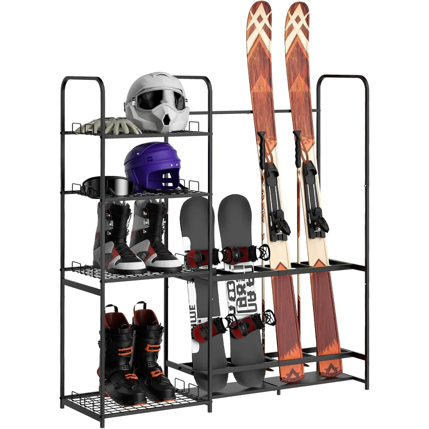 رف التزلج على الجليد المعدني شديد التحمل قائم بذاته - تخزين المرآب مع رف للأحذية والخوذات والإكسسوارات