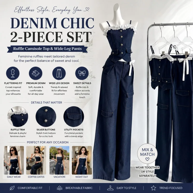 

Korean Bow High Waist Wide Leg Pants Y2K Style Dark Blue Denim Two Piece Set Lace Ruffle Cami For Teen Girls Back To School Set
