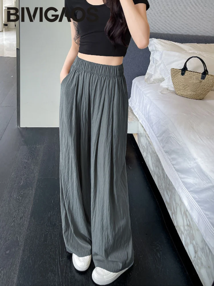 BIVIGAOS 2024 New Ice Silk Wide Leg Pants Women Spring Summer Thin Pleated Casual Straight Pants High Waist Breathable Pants