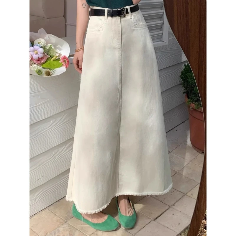 

Retro Denim Skirts for Women Solid High Waist Burr Edge Hem A Line Skirt 2025 New Trendy Korean Style Ladies Long Skirt