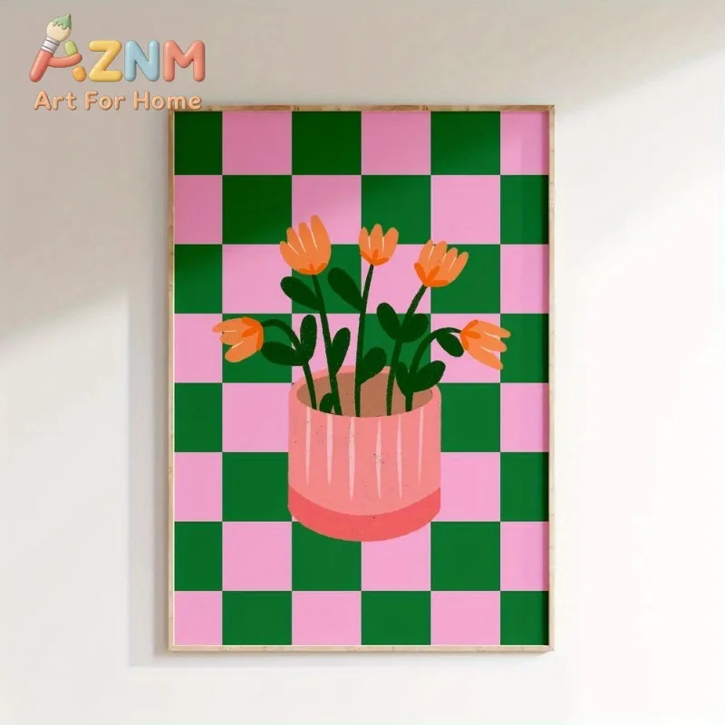 1pc Modern Minimalist Vase Art Print - Pink and Green Checkered Background with Orange Flowers, Unframed Canvas Wall Decor