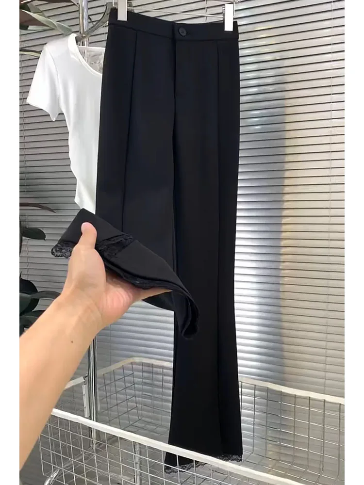 

High Waist Lace Trim Flared Casual Pants Women's Spring Summer Slimming Drapey Wide Leg Pants Trousers for plus Size Ladies