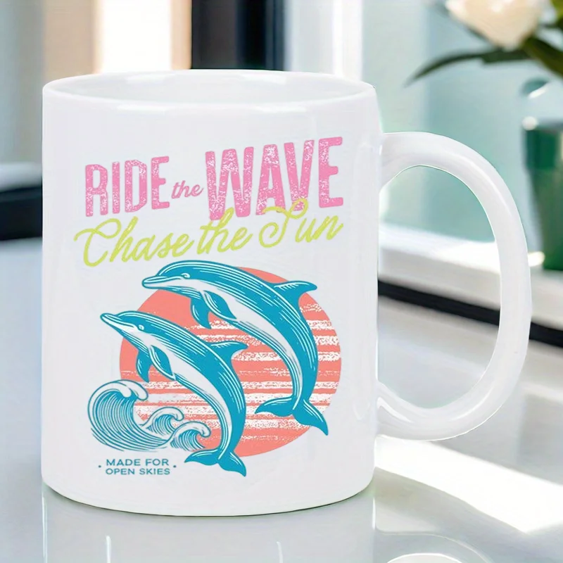 

Ocean Adventure Ceramic Coffee Mug - Coastal Cup with Dolphins & Waves, Pastel Pink/green/teal Beach Decor - Ideal Gift for Ocea