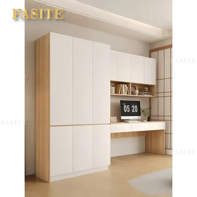 Solid Wood Desk with Wardrobe Combo Wall Cabinet Bookshelf Space Saving Computer Writing Table for Home Office Bedroom