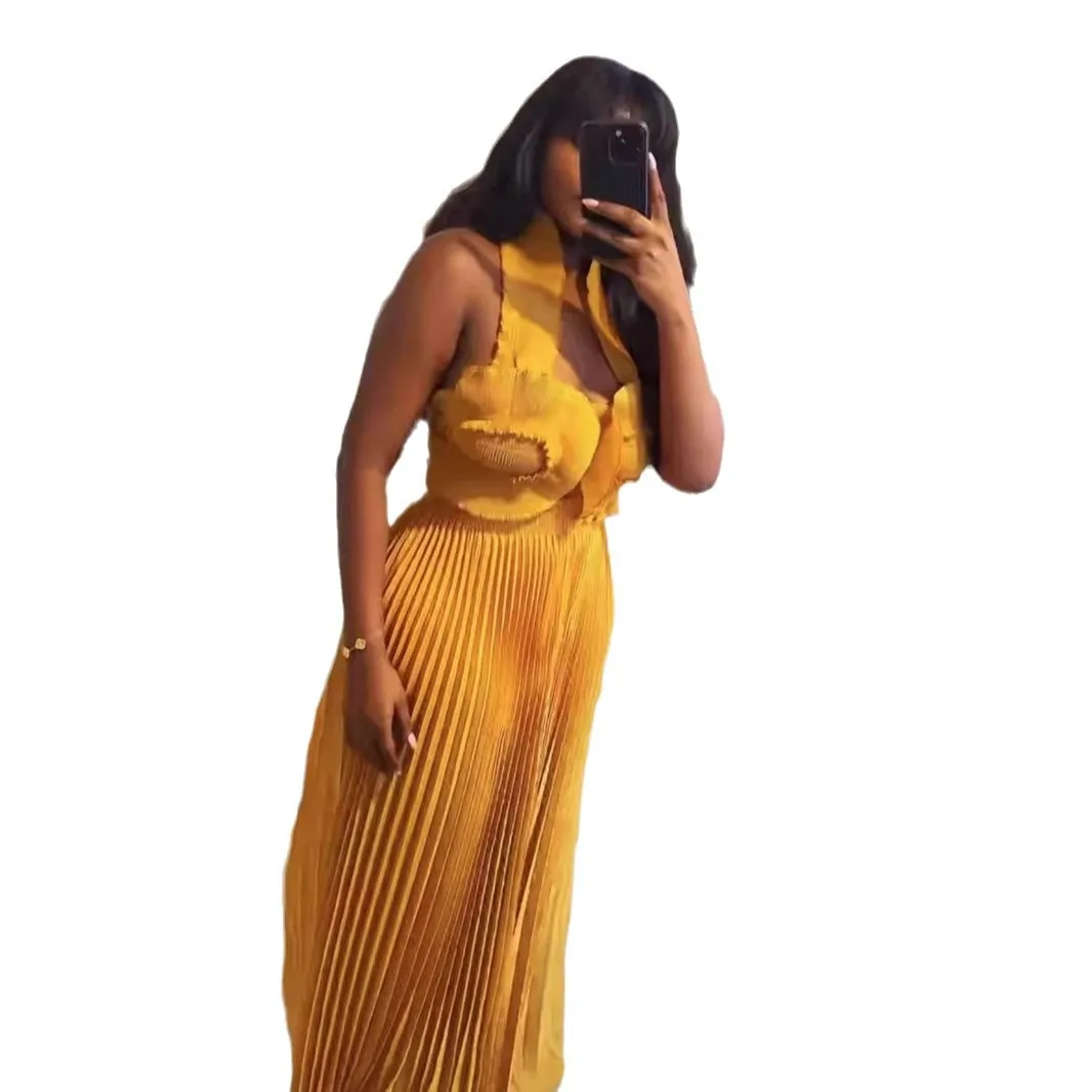 คุณภาพสูง ISSEYS MIYAKES ruffled เซ็กซี่ cami top sun จีบกางเกงขากว้างชุดสองชิ้น