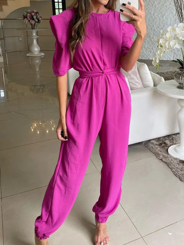 Voorjaar 2023 Half Mouw Vrouwen Jumpsuits Mode Kantoor Hoge Taille Potlood Broek Jumpsuit Effen Kleur Zomer O-hals Lange Speelpakjes