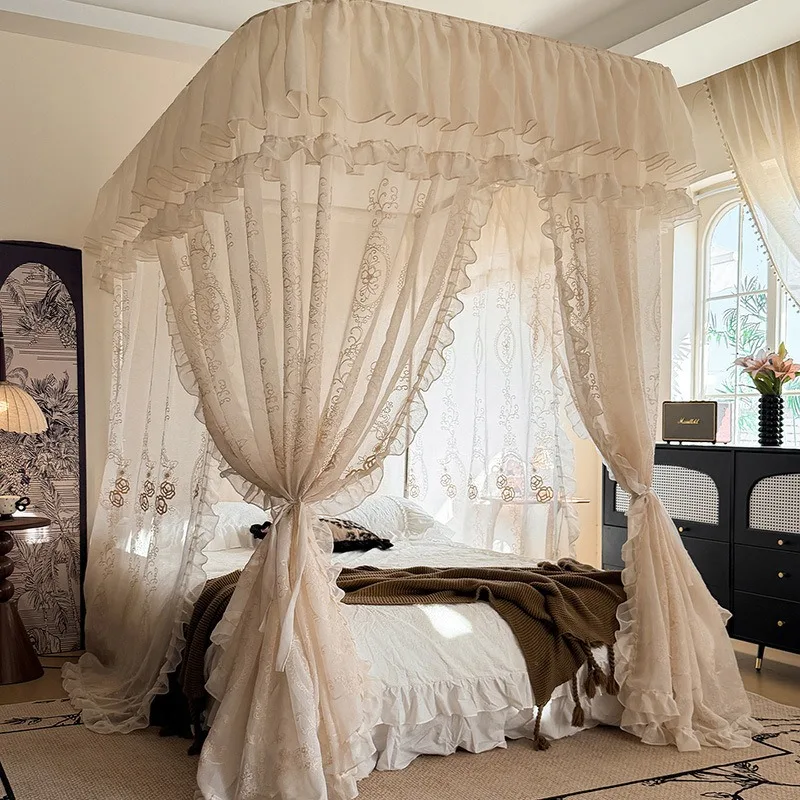 Palace style jacquard lace mosquito net three doors floor to ceiling bed mantle encryption home bedroom