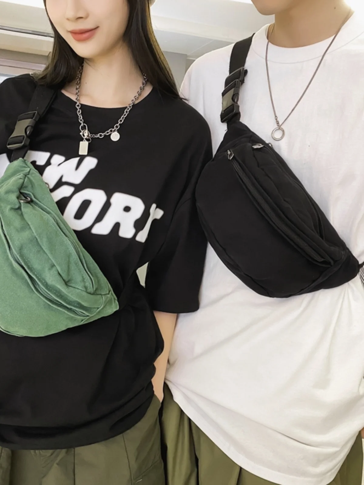 캐주얼 캔버스 크로스바디 백 유니섹스 단색 레저 웨이스트 백 심플 스타일 대각선 숄더 백 남녀 공용