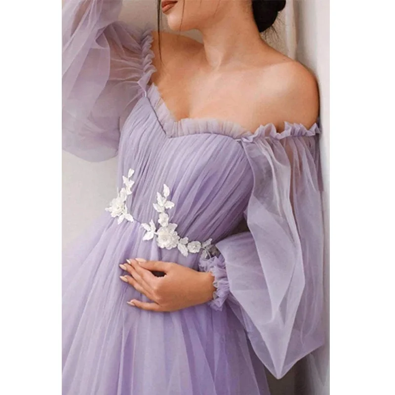 Lavender Puffy Sleeve Prom Dress Sweetheart Tulle Ball Gown Slit Formal Evening Gowns Princess Wedding Dresses