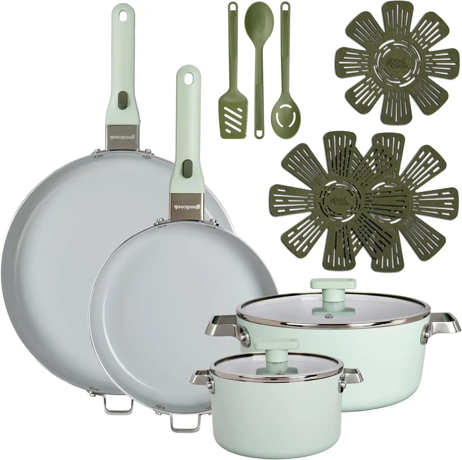 

Набор керамической посуды из 14 предметов со съемными ручками, антипригарные кастрюли и сковороды, подходят для индукционных плит и духовок, цвет шалфейно-зеленый