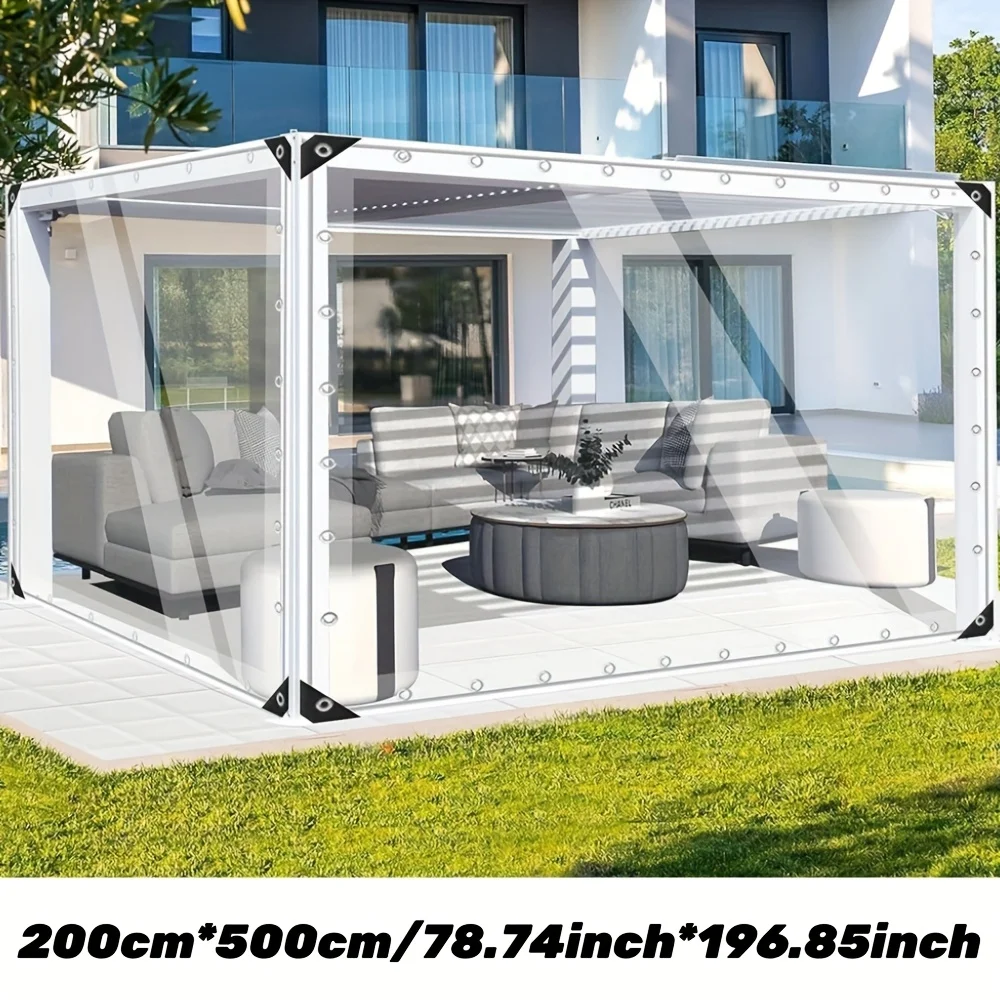 Transparent, waterproof tarpaulin with metal grommets, suitable for outdoor use on patios and in chicken coops