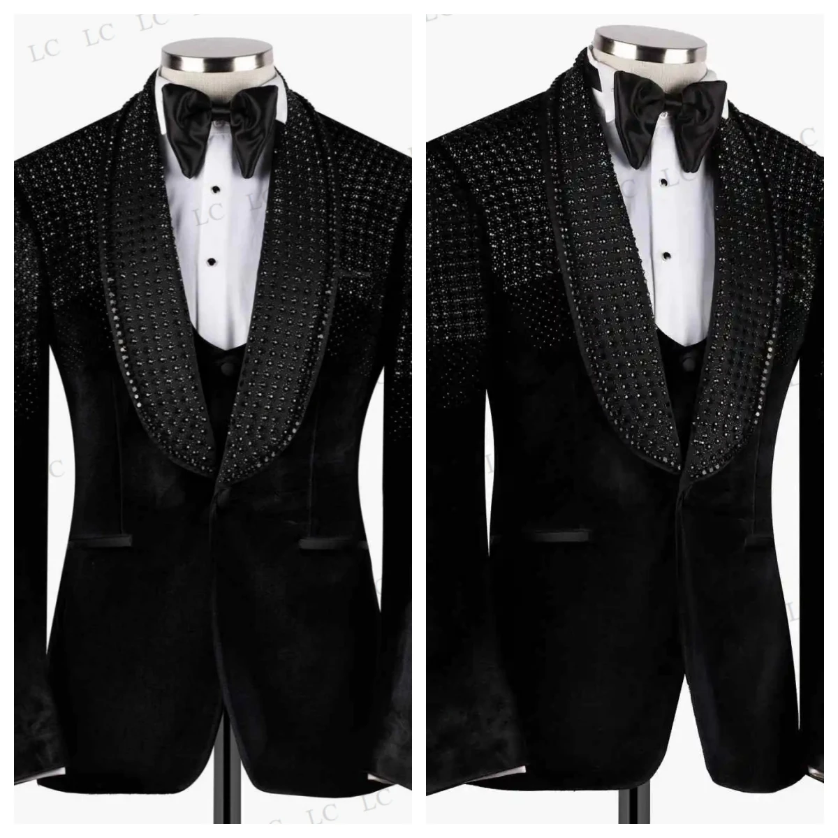 

Luxury3 Pieces Men Suits Tuxedo One Button Wide Lapel Diamonds Beads Uniform Ceremony Formal Prom Wedding Groom Custom Plus Size