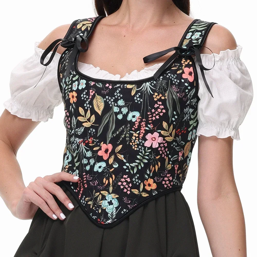 섹시한 여성 코르셋 스트랩 꽃 프린트 레이스 업 지퍼 Bustier 빈티지 고딕 빅토리아 허리 Cincher 우아한 중세 코르셋