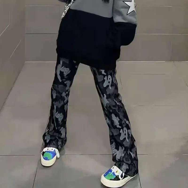 Camouflage Print Wide-Leg Casual Pants Spring Autumn Loose Denim Female Clothing American Button Hip-hop Retro Bootcut Trousers