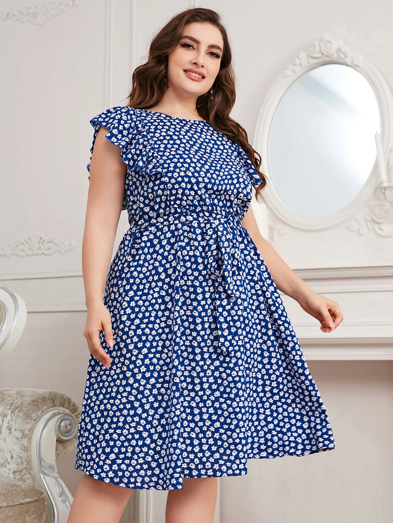 Della Mel Elegant Plus Size Women Clothing Midi Dress Casual Blue Short Sleeves A-Line Floral Print Big Size Party Long Dresses