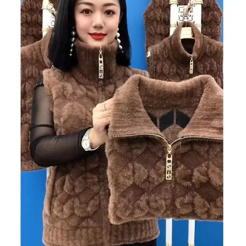 

Middle Aged Elderly Mother Imitation Mink Velvet Vest Jacket Women Autumn Winter Sleeveless Thick Knitted Cardigan Waistcoat