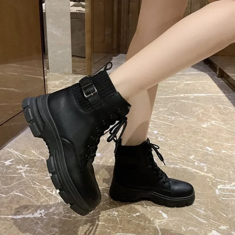 Woman Boots Fashion Platform Heel Round Toe Ankle Boots British Style Belt Buckle Solid Color Splice Lace Up Booties Botas Mujer