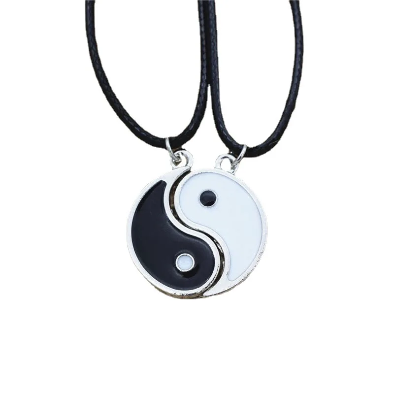 Trend 2Pcs Tai Chi Yin Yang Eight Trigrams Pendant Black PU Leather Necklaces Set for Couple Matching Lover Choker Collar Gift