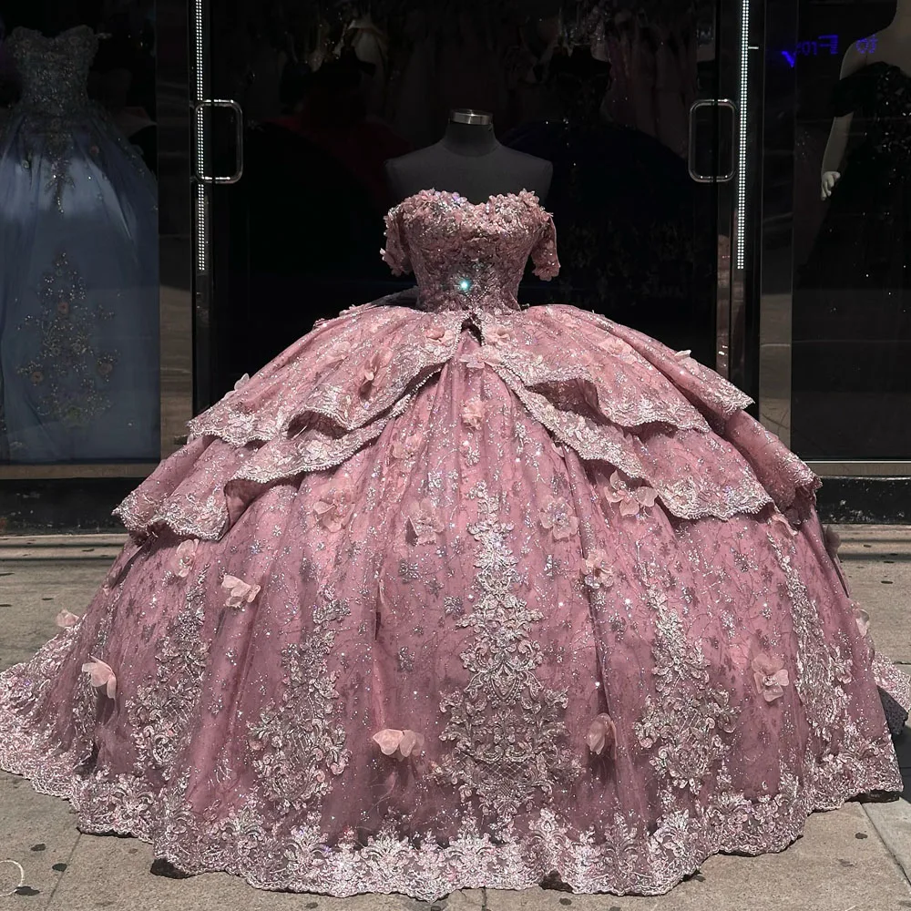 

Блестящее розовое платье Quinceanera, бальное платье с 3D цветочной кружевной аппликацией, корсет с бисером, Sweet 16, Vestidos De 15 Años