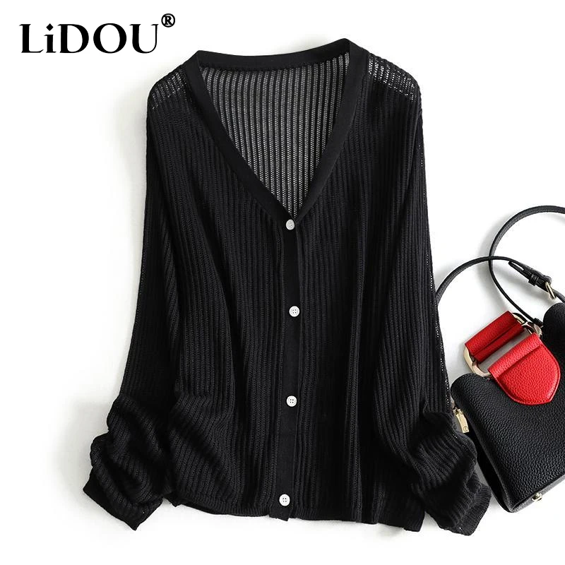 2023 Spring Autumn New Solid Color Fashion V-neck Long Sleeve Knitting Cardigan Women Casual Hollow Out Breathable All-match Top