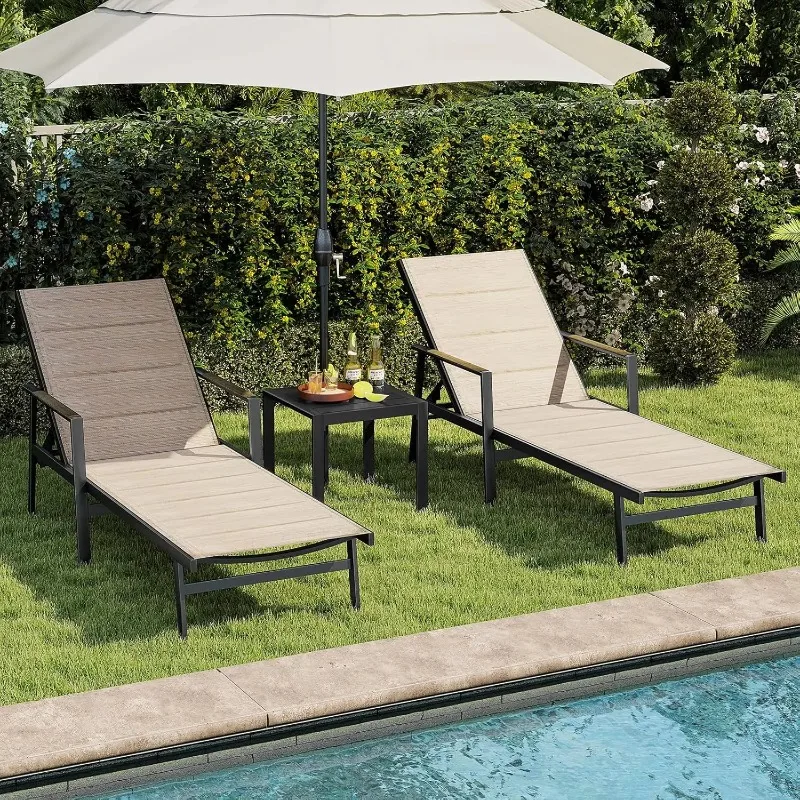 3-Piece Outdoor Chaise Lounge Set, Never-Rust Aluminum Patio Lounge Chairs with Side Table, Double-Layer Textilene