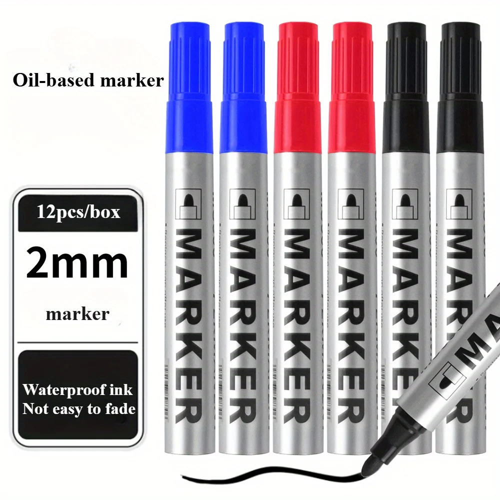 12 pack waterproof quick drying marker pen, large capacity non fading oily signature pen, thick head big head pen