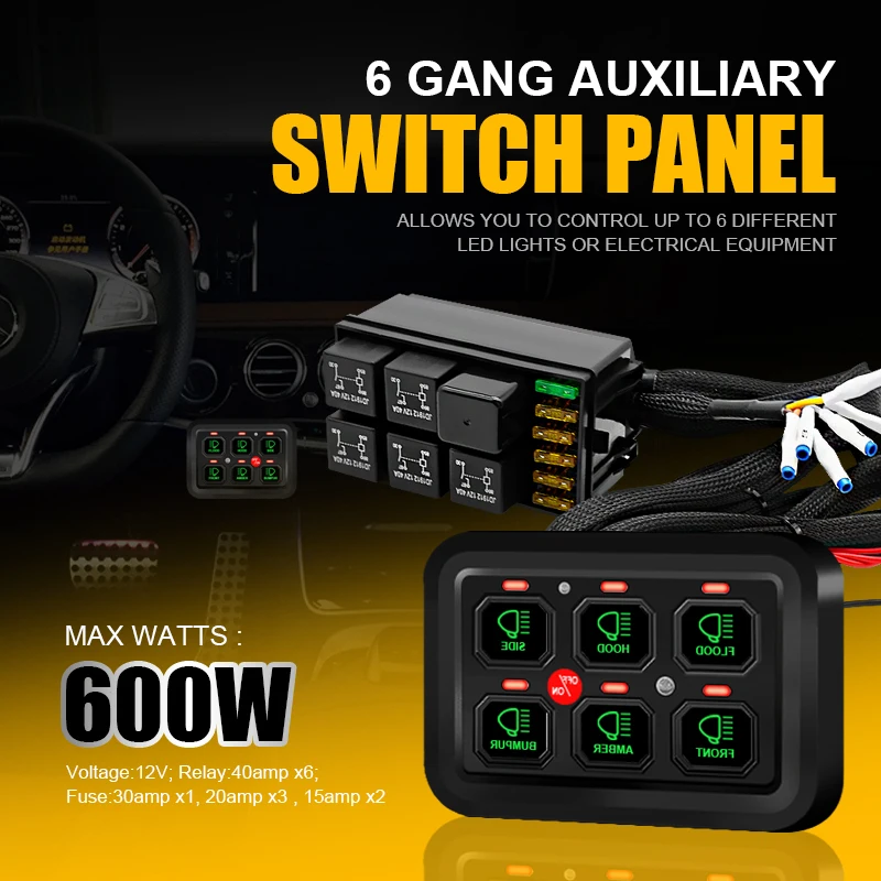 Universal Car LED Light 6 Gang Switch Panel ON OFF Fused Control Power System Electronic Relay System for Jeep Wrangler UTV Boat