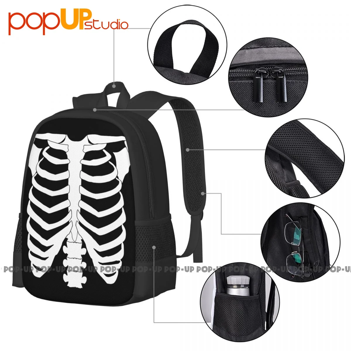 Bones Skeleton Rib Cage Punk Rock Metal Goth Backpack Large Capacity Travel Portable Eco Friendly Bags For Travel